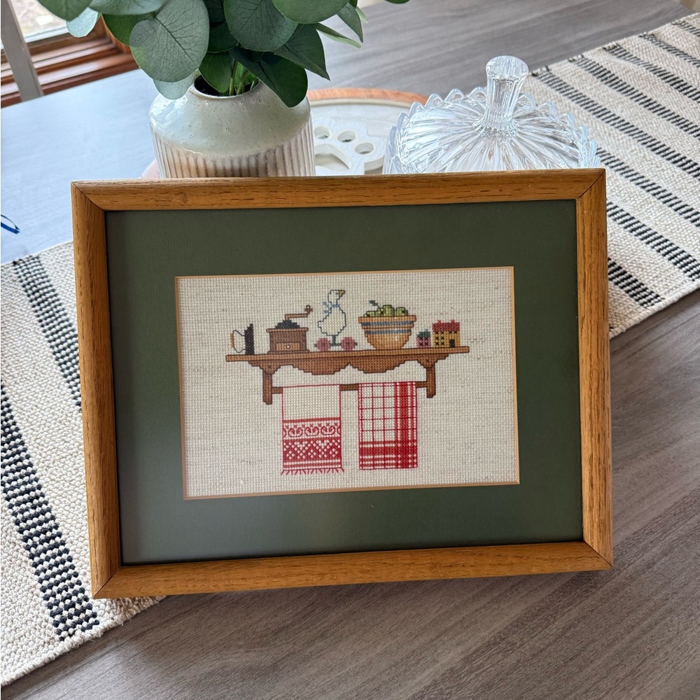 Framed Kitchen Cross-Stitch Art — Red Accent